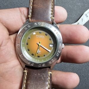 Fossil Blue Mens Quartz Watch Silvertone Orange Date Just Dial Working AM-3814 b